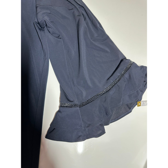 Women L Ann Taylor blue floral 3/4 sheer sleeve crew neck blouse top shirt work - Picture 3 of 10